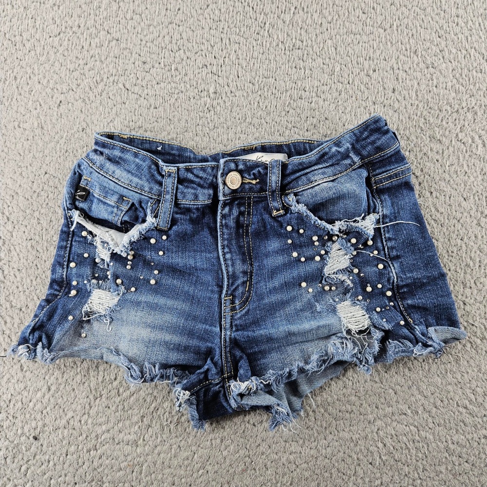 KanCan Distressed Pearl Studded Denim Cut Off Shorts Womens 24 Blue‎ Medium Wash